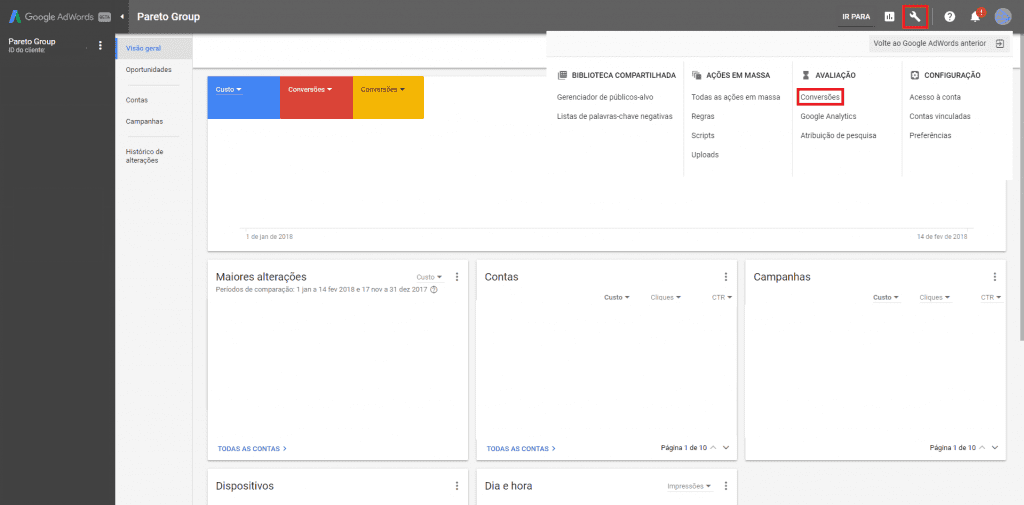 Passo 2|3 – Clique na “Engrenagem”, e então em “Conversões” 