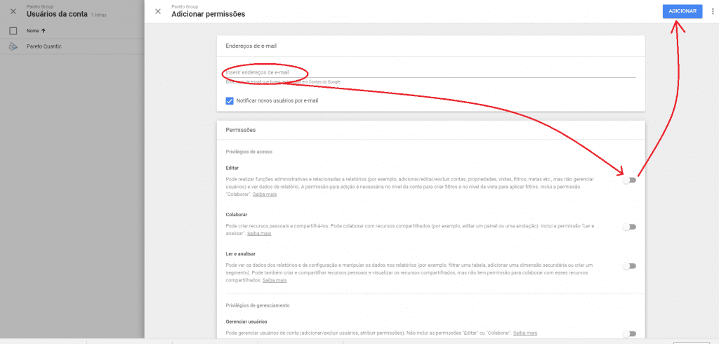 Clique no botão com o sinal de "+" para conceder permissão a novos usuários. Insira os e-mails dos usuários que deseja compartilhar o acesso.