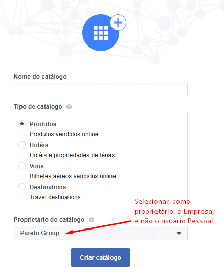 Selecione a Pareto como proprietário do catálogo 