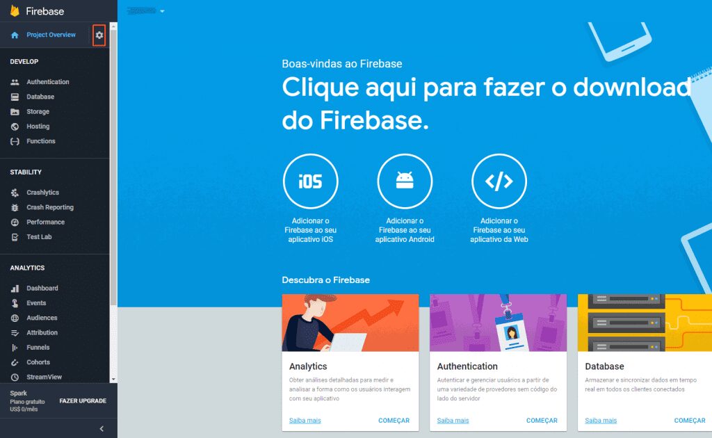 engrenagem no canto superior esquerdo da firebase.