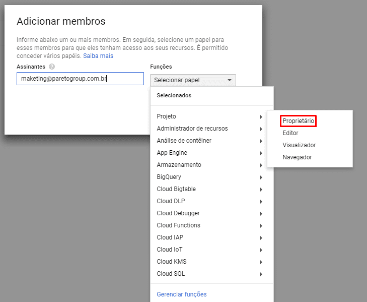 Se você for cliente da Pareto, adicione o nosso e-mail  (marketing@paretogroup.com.br) e escolha a função "Projeto" > "Proprietário".