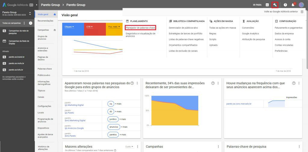 Menu do Google AdWords