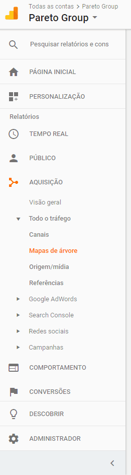 No menu lateral, clique em "Aquisição", "Todo o Tráfego" e, em seguida, "Mapas de Árvore".