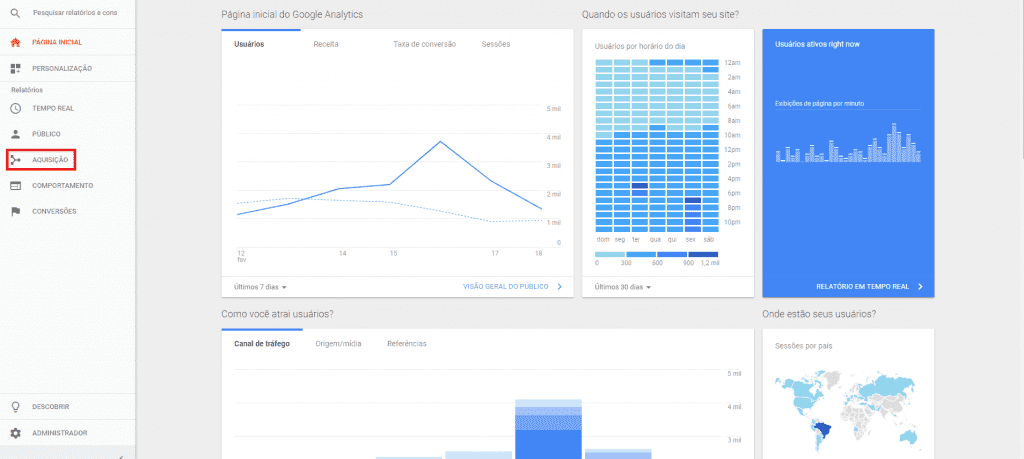 Entre na conta do Analytics de sua empresa e clique em "Aquisição", no menu lateral.