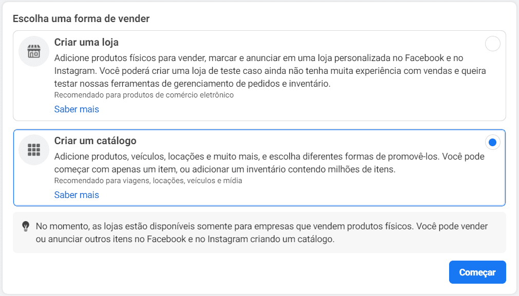 catalogo de produtos: imagem da tela do gerenciador de comércio indicando como criar um catálogo