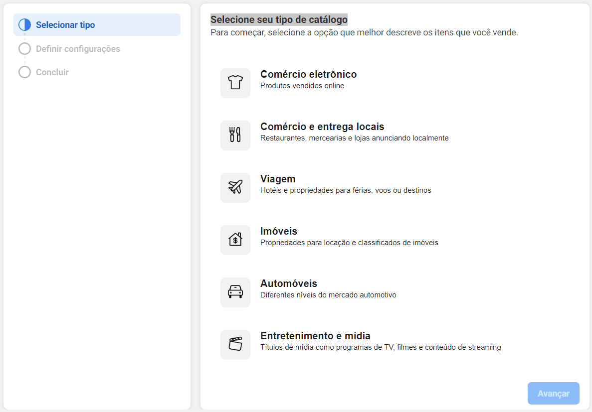 catalogo de produtos: imagem da tela do gerenciador de comércio indicando como criar um catálogo