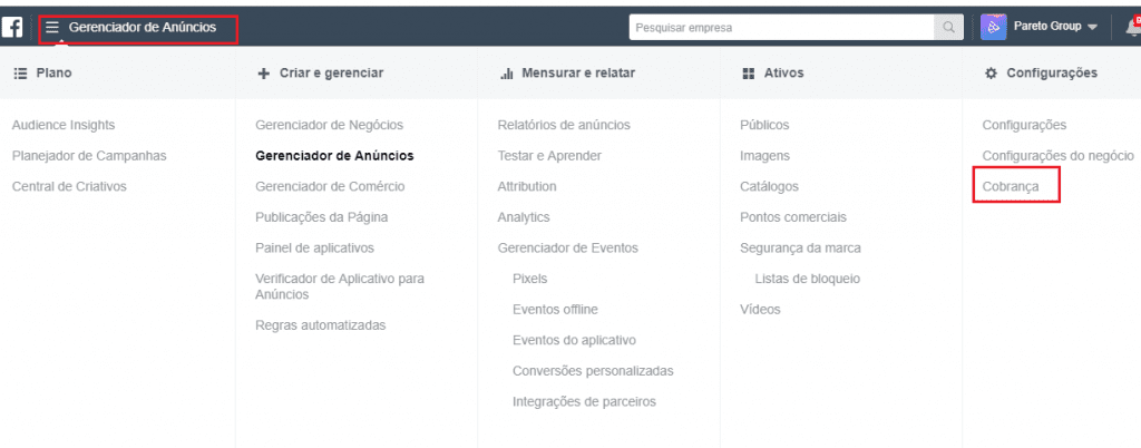 Acesse “Gerenciador de Anúncios”, lá em cima. Em seguida clique em “Cobrança”, na última coluna.
