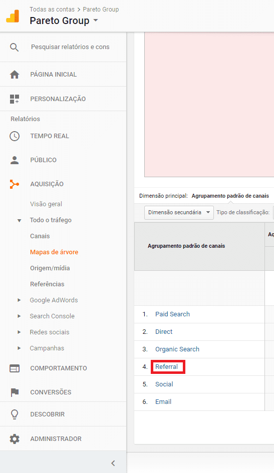 Clique em "Referral". Lá será possível ver todas as páginas de origem para o seu site.