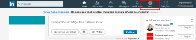 Passo 2/5 Uma vez conectados, o Administrador deve clicar no botão escrito “Eu” no canto superior direito.