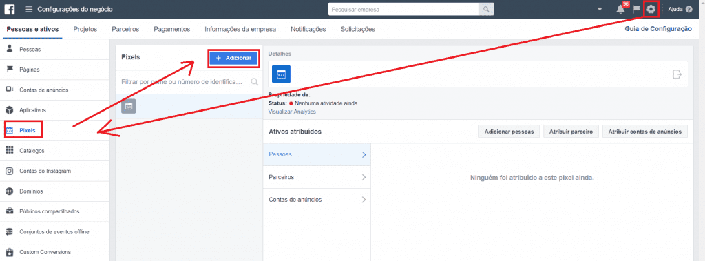 Entre no Facebook Business e, então, "Configurações do Negócio". Vá em "Pixels" e clique em "+Adicionar"