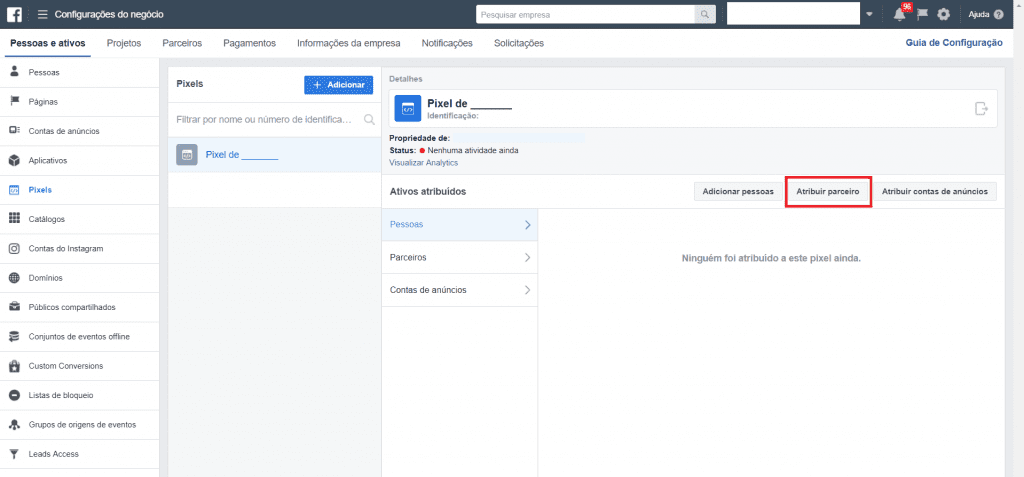 Atribua a Pareto como parceiro para que possamos ter acesso ao Pixel. Para fazer isso, aqui temos o passo a passo.