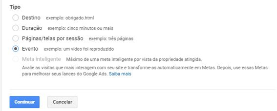 Passo 7/9 Selecione a opção Evento e clique em continuar