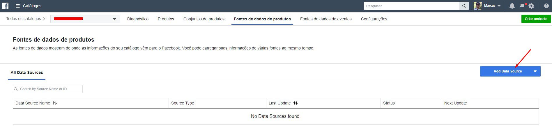 aba “Fontes de Dados de Produtos” você poderá cadastrar um novo Feed XML, clicando em “Add Data Source”, como mostra a imagem a seguir.