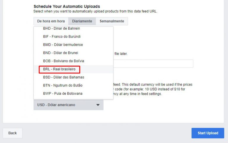 selecionar a moeda e clicar em “Start Upload”.