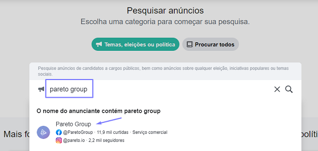  Na página da Biblioteca de Anúncios, selecione a opção Procurar Todos e depois basta digital por “Pareto Group” no campo de pesquisa. 