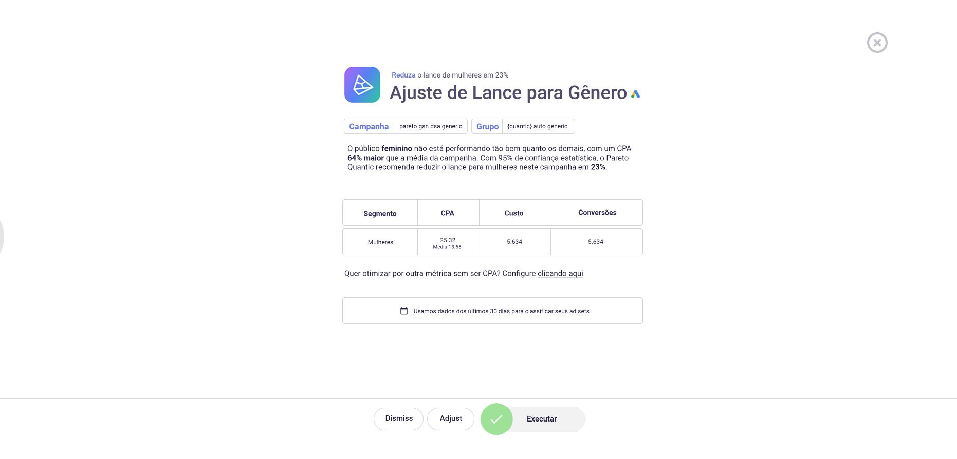 Ao entrar no seu workflow do Quantic, veja se apareceu uma card automática sobre ajustes de lance para gênero como essa aqui na coluna “Inbox”