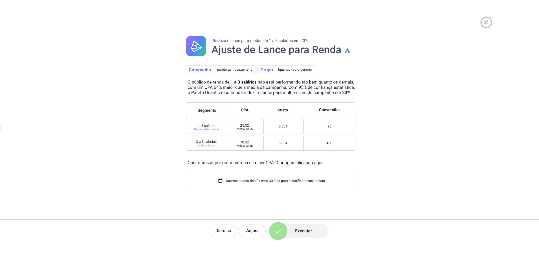 Ao entrar no seu workflow do Quantic, veja se apareceu uma card automática sobre ajustes de lance para faixa de renda como essa aqui na coluna “Inbox”