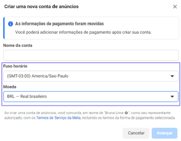 conta de anuncios facebook: imagem da tela da plataforma do Meta Ads para selecionar fuso horário e moeda