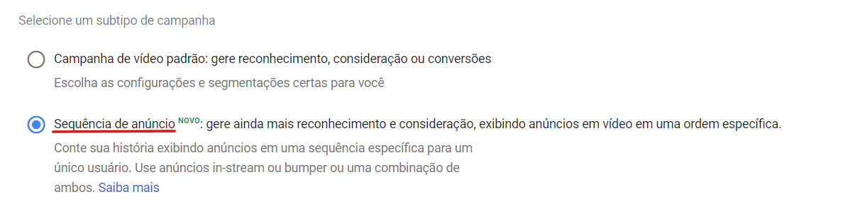 Campanha de vídeo no Google Ads selecionando a opção “Sequência de anúncio”, na qual os links dos vídeos serão inseridos em ordem.