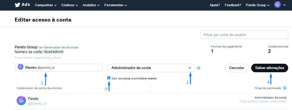 opções de edição de acesso à conta