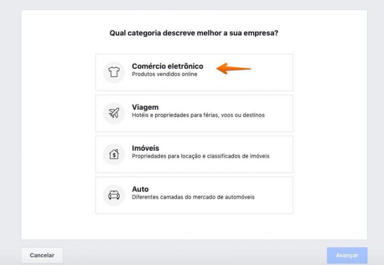 Selecione uma categoria como "Comércio Eletrônico" > "Avançar"
