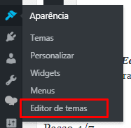 Encontre a seção Editor de Temas. Se você não estiver vendo essa opção, provavelmente não é um Administrador da página. Peça acesso de Administrador para o dono do site, ou envie esse tutorial para que ele instale o GTM.