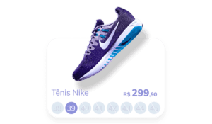 automação para ecommerce: imagem de um tênis da nike na cor roxa com o preço e as numerações aparecendo na parte inferior, sendo que apenas o número 39 está disponível