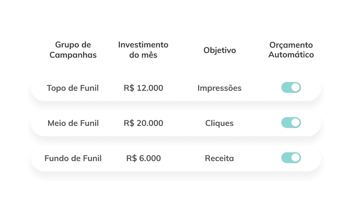 ferramentas de automação de marketing: imagem do sistema indicando três linhas de orçamento para ajustar