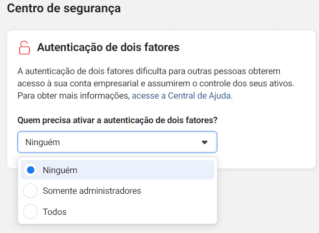 facebook business: imagem da plataforma indicando como fazer autenticação dois fatores1