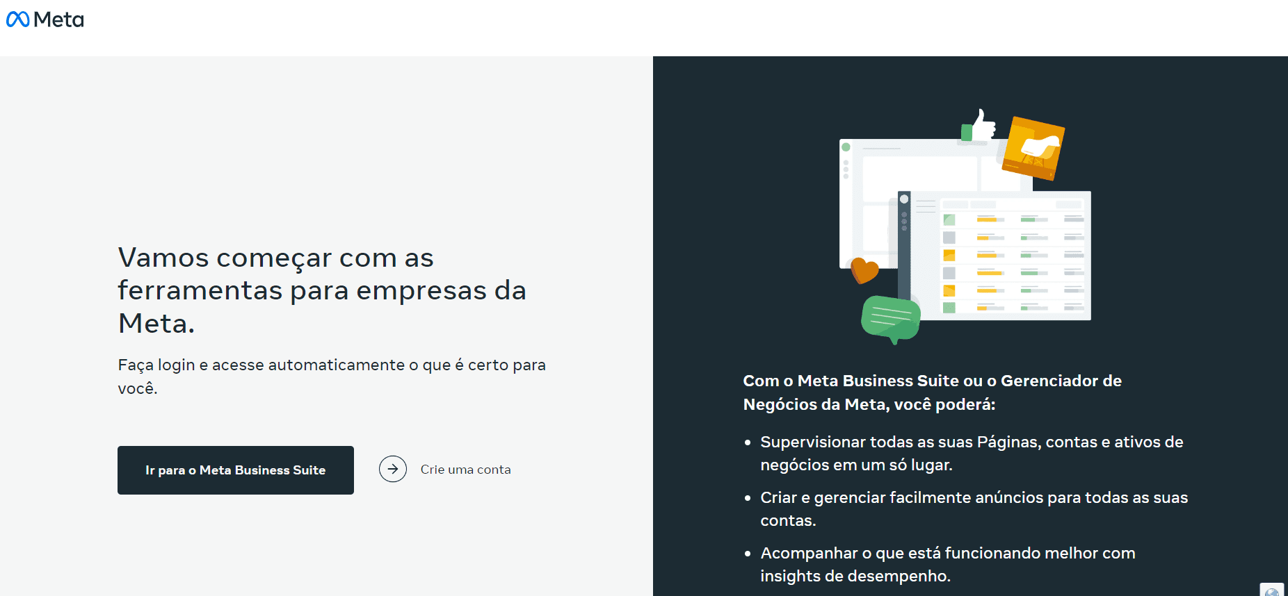 facebook business: imagem da plataforma indicando o local para criar uma nova conta