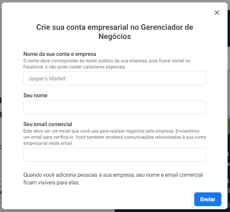 facebook business: imagem da plataforma indicando o local para criar uma nova conta