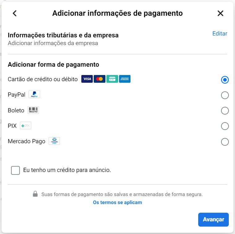 Facebook business: imagem da plataforma indicando as formas de pagamento