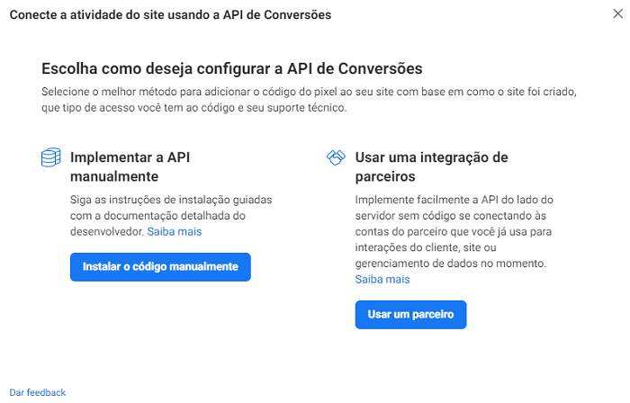 api de conversoes facebook: imagem da plataforma com duas opções de instalação