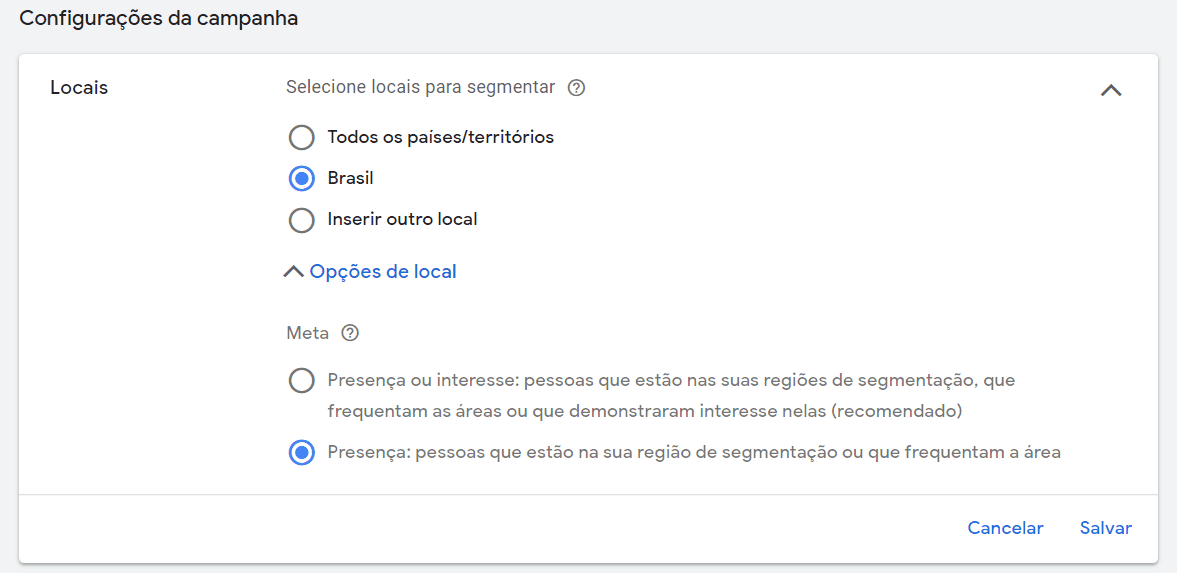 google performance max: imagem da tela dos locais para criar campanha no Google Ads