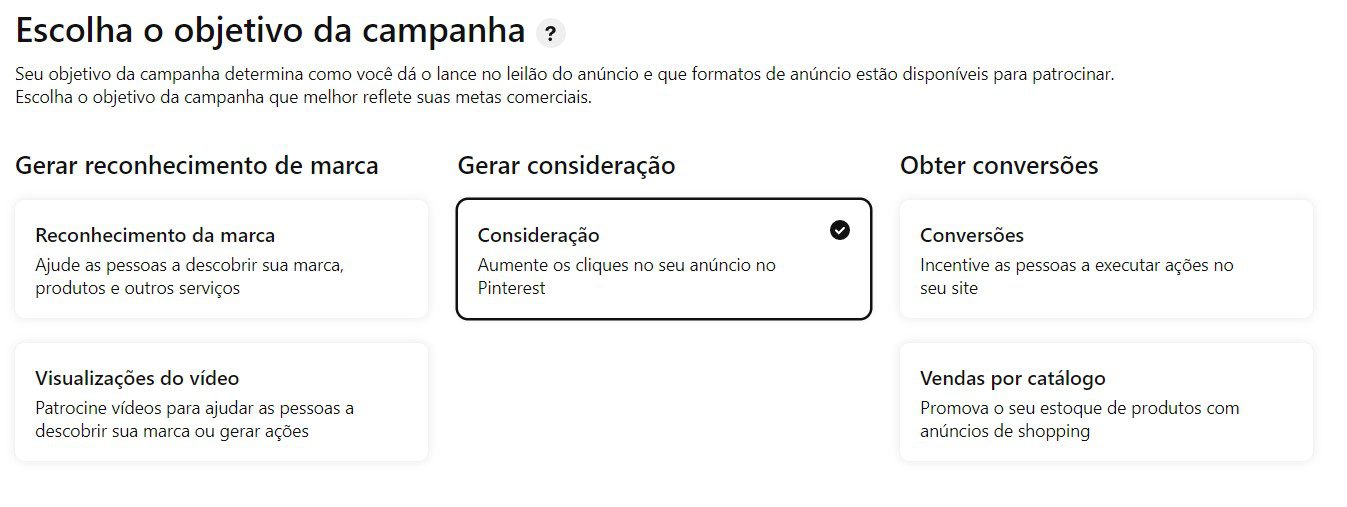 pinterest ads: imagem da plataforma indicando os objetivos campanhas