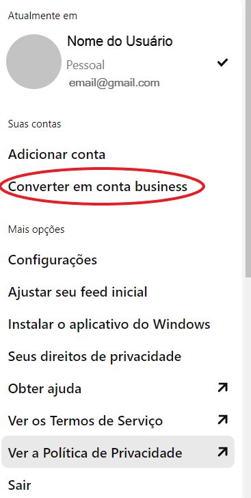 pinterest ads: imagem do menu de configurações do Pinterest