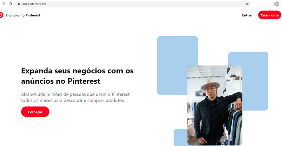 pinterest ads: imagem da página de criação de contas do Pinterest