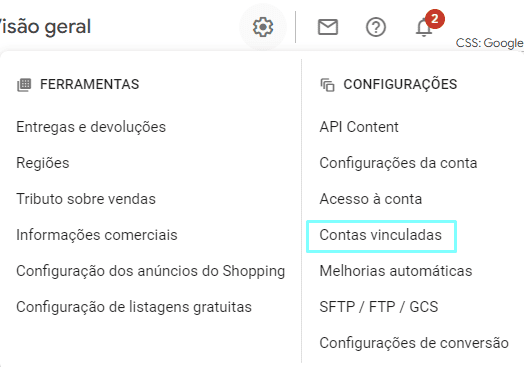 google merchant center: imagem da plataforma indicando onde vincular contas