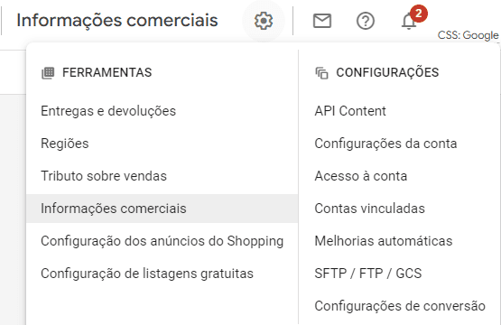 google merchant center: imagem da plataforma indicando onde verificar o domínio