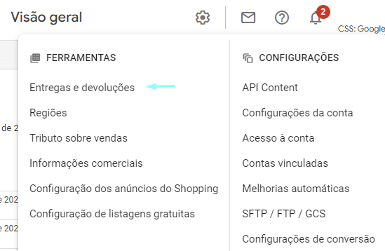google merchant center: imagem da plataforma indicando onde configurar o envio de frete