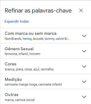 planejador de palavras chaves: imagem da tela de filtros para refinar palavras