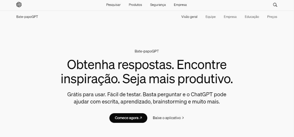 IA para Programação: página inicial do ChatGPT