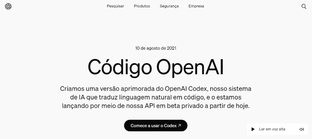 IA para Programação: página inicial da OpenAI Codex