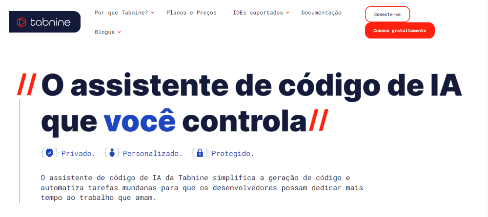 IA para Programação: página inicial do Tabnine 