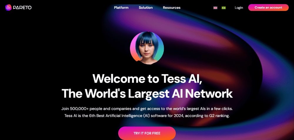 Inteligência Artificial Site: página inicial da plataforma Tess AI