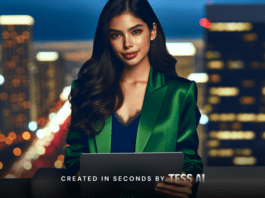 IA Generativa: imagem de uma mulher vestida com casaco verde, segurando um laptop com vista para a cidade. Imagem gerada pela plataforma Tess AI.