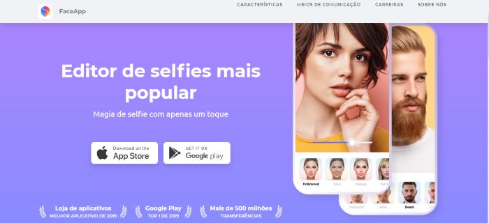 Inteligencia Artificial Fotos: imagem da página inicial da ferramenta FaceApp.