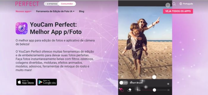 Inteligencia Artificial Fotos: imagem da página inicial da ferramenta YouCam Perfect.