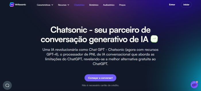 Inteligência Artificial Site: imagem da tela inicial da plataforma Chatsonic.