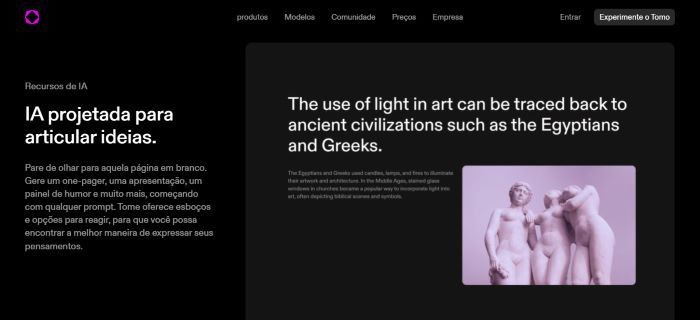 Inteligência Artificial Site: imagem da tela inicial da plataforma Tome.app